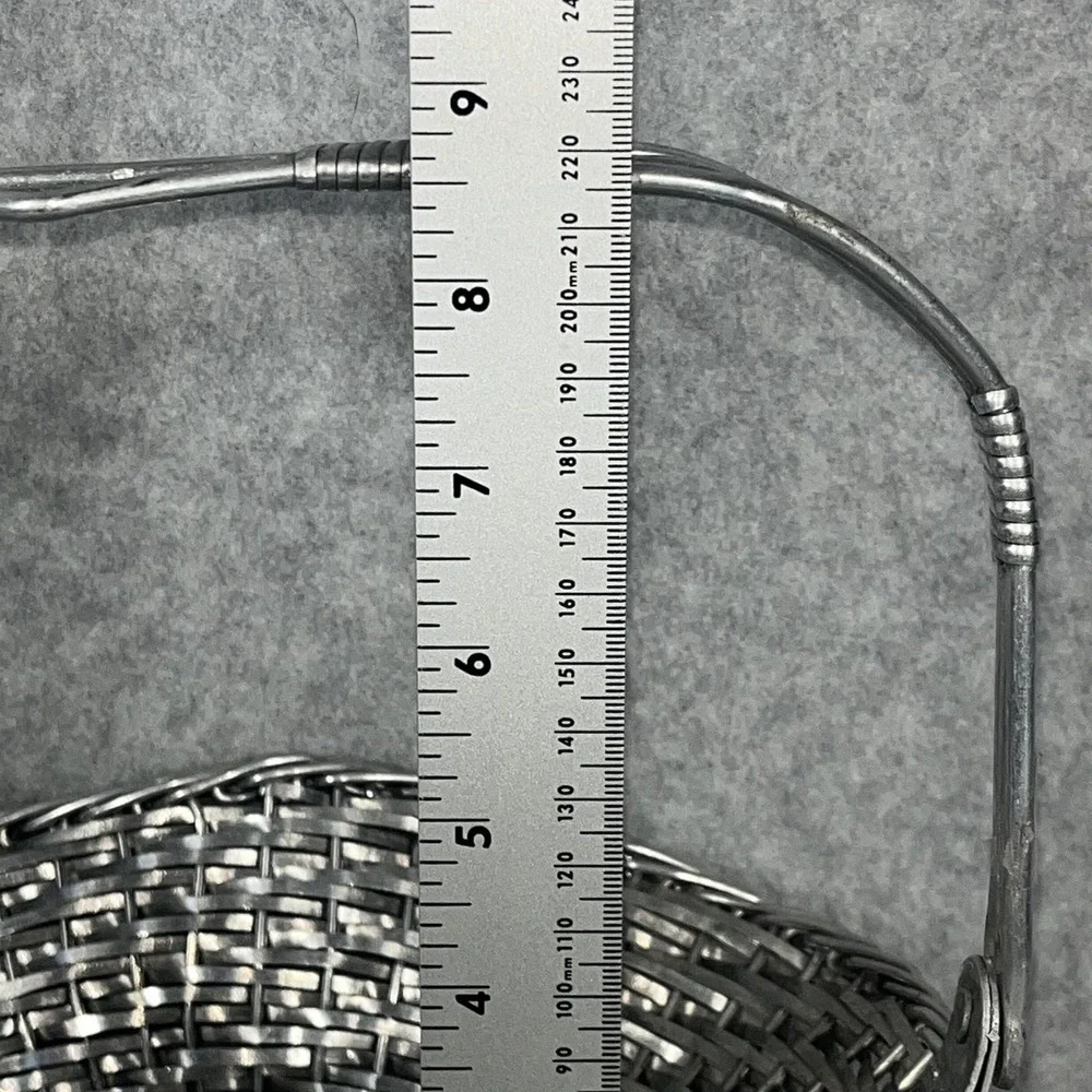 VTG‎ Silver Tone Metal Woven Wire Basket With Fold Down Handle Decor Centerpiece